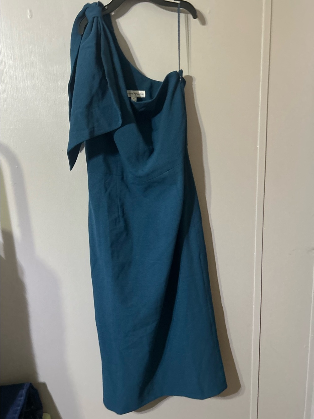 Dress the Population Teal One-Shoulder Midi Dress with Shoulder Bow Size M